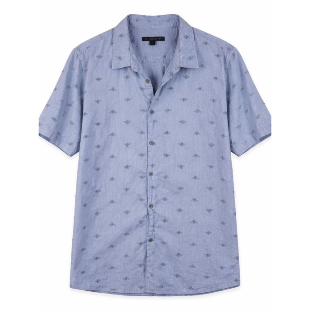 John Varvatos Bee Print Button Up Shirt Blue Short Sleeve Men XL Slim